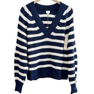 A New Day Blue Striped V-Neck Balloon Sleeve Pullover Chunky Knit Sweater XL